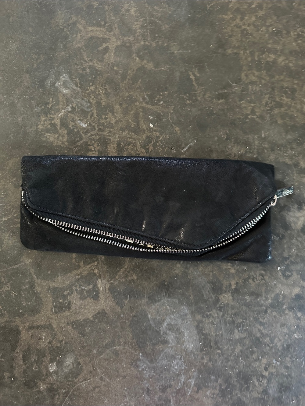 HOBO Black Fold-Over Clutch with Silver Diagonal Zipper